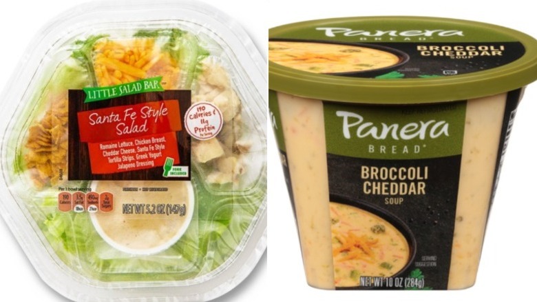 Salad bowl with cup of Panera soup on white backgrounds