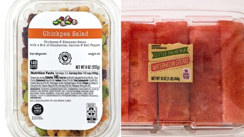 Chickpea salad and watermelon spears in plastic containers