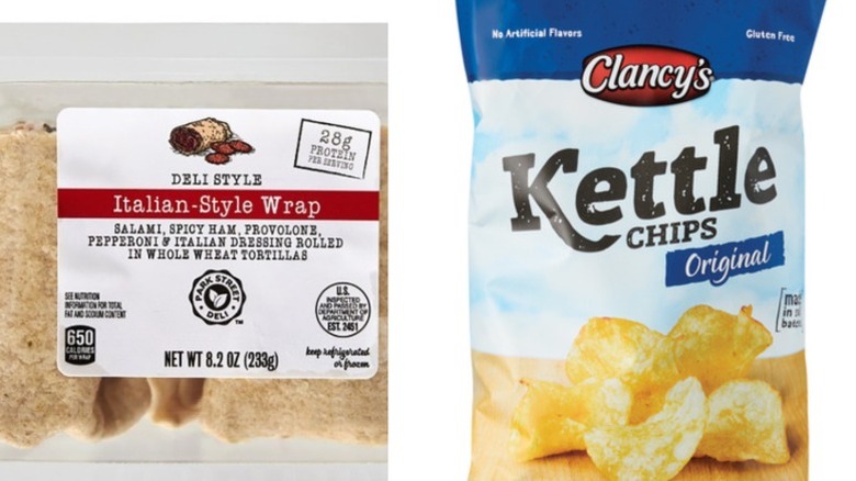 Deli wrap and kettle chips on white background