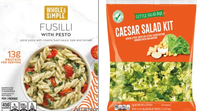 Fusilli bowl with Caesar salad bag on white background
