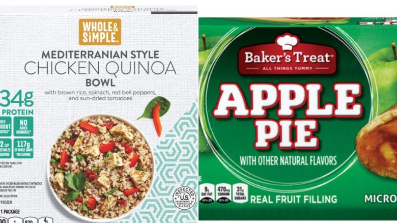 Chicken bowl and apple pie on white background