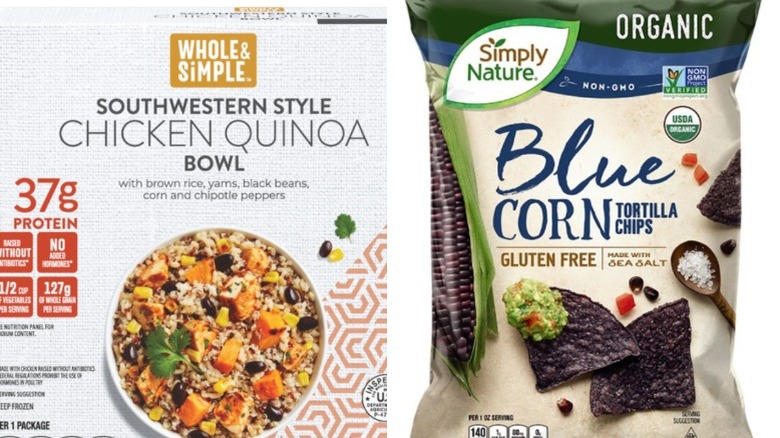 Quinoa chicken bowl with blue corn tortilla chips