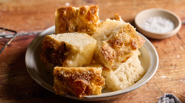 pieces of focaccia in a bowl