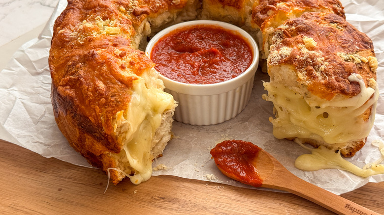 bread with sauce on board