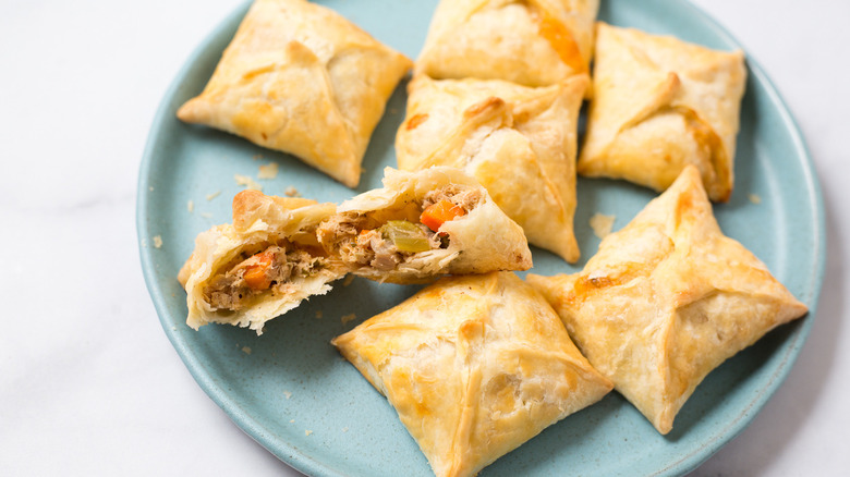 tuna puffs on blue plate