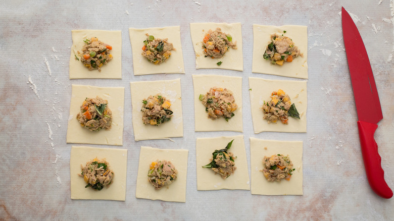 tuna pastry squares on table