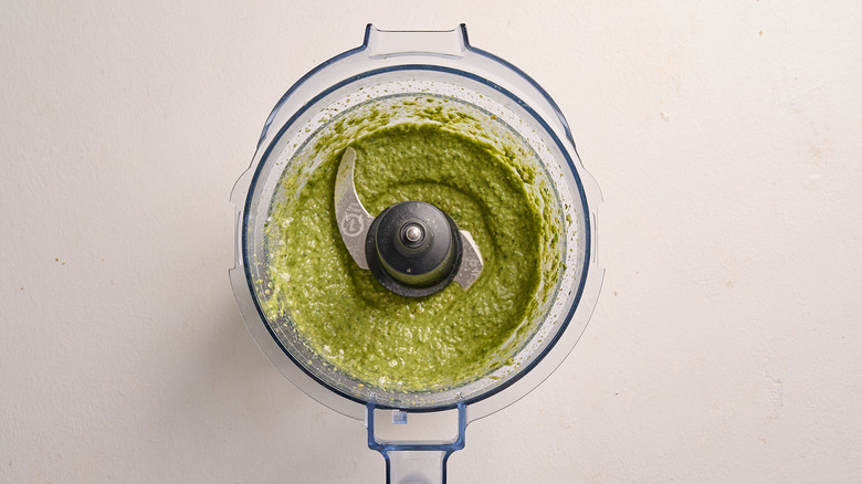 parmesan blended into pesto in food processor