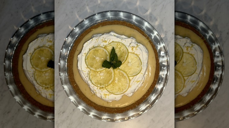 Lemon pie in a dish with topping