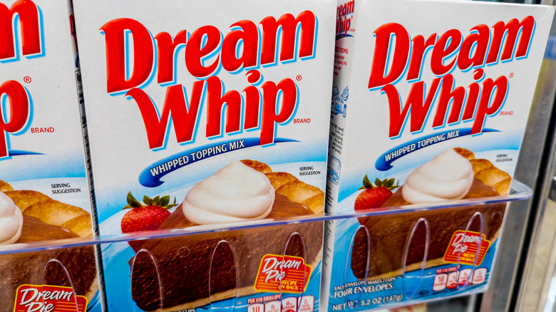 Dream Whip topping boxes on a shelf