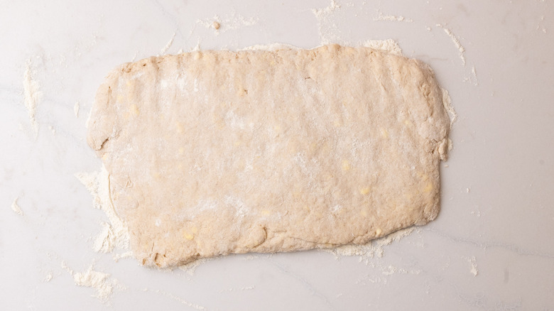biscuit dough rectangle on floured surface