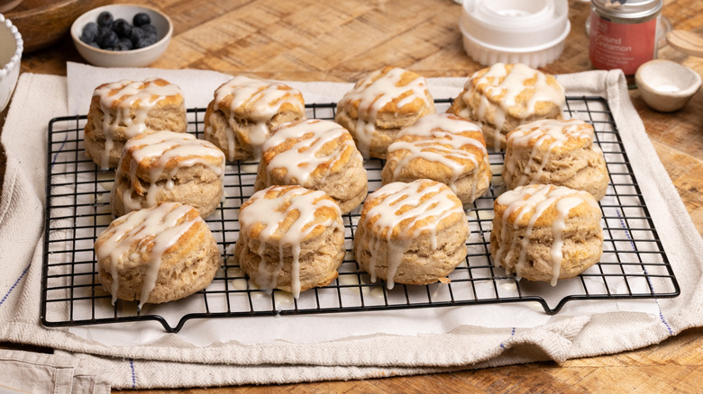 glazed cinnamon biscuits on wire rack