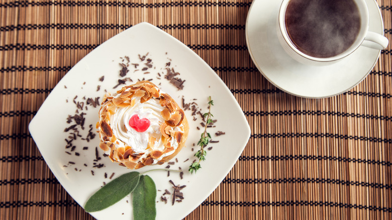 Whipped dessert with almonds and cherry