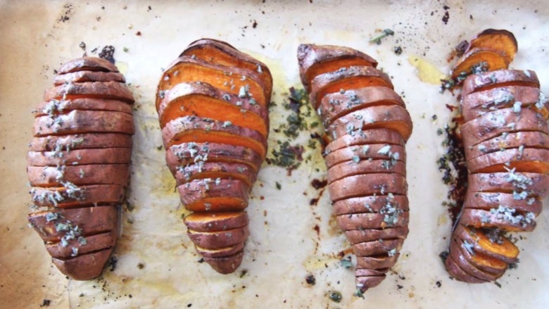 Hasselback potatoes on a counter