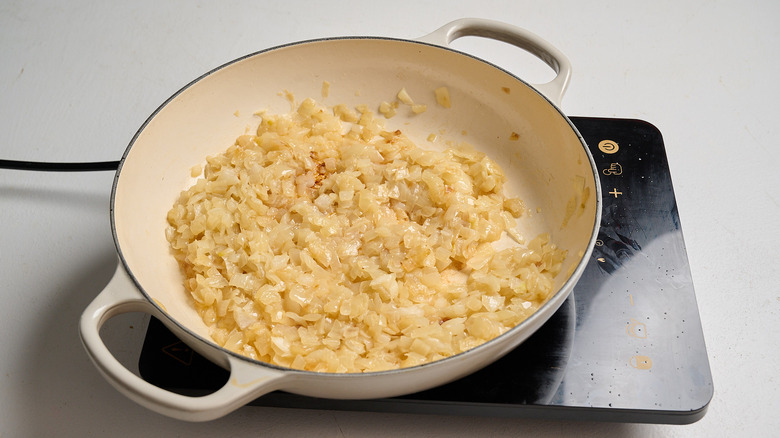 caramelizing onions in a skillet