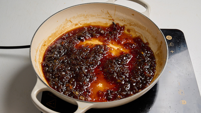 cooked onion jam in a skillet