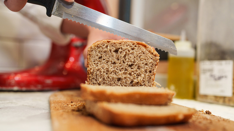 Slices of whole wheat bread in a bakery