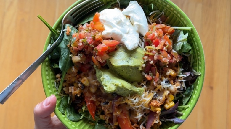 Bowl of soyrizo with greens and topping