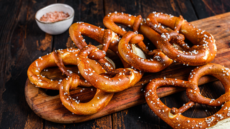 homemade pretzels on wood board