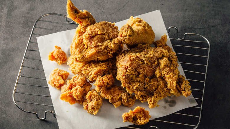 Fried chicken on a cooling rack