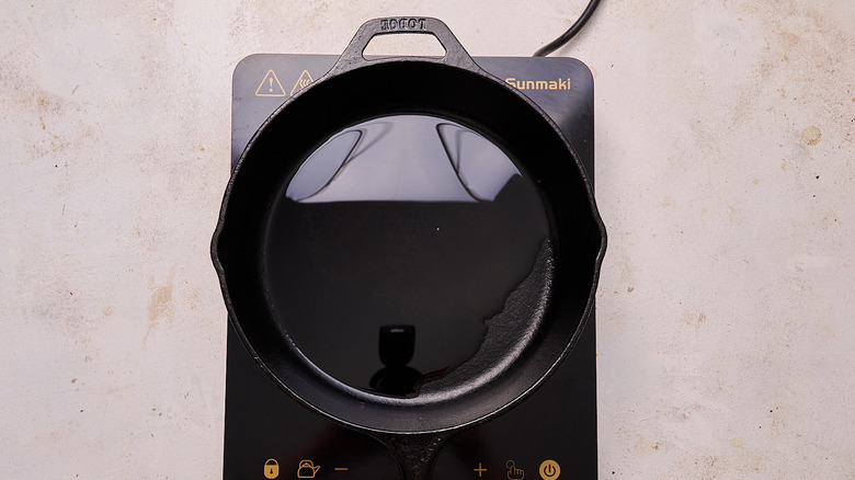 heating a skillet with oil