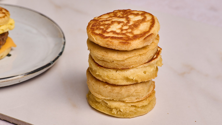 griddle cakes stacked on a table