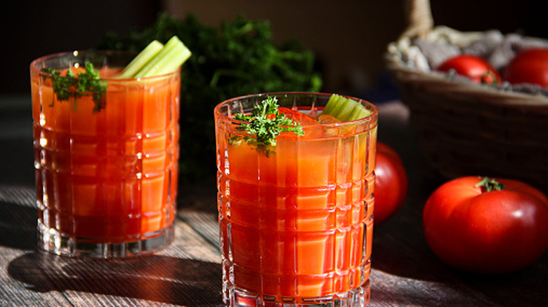 two Bloody Mary cocktails in glasses
