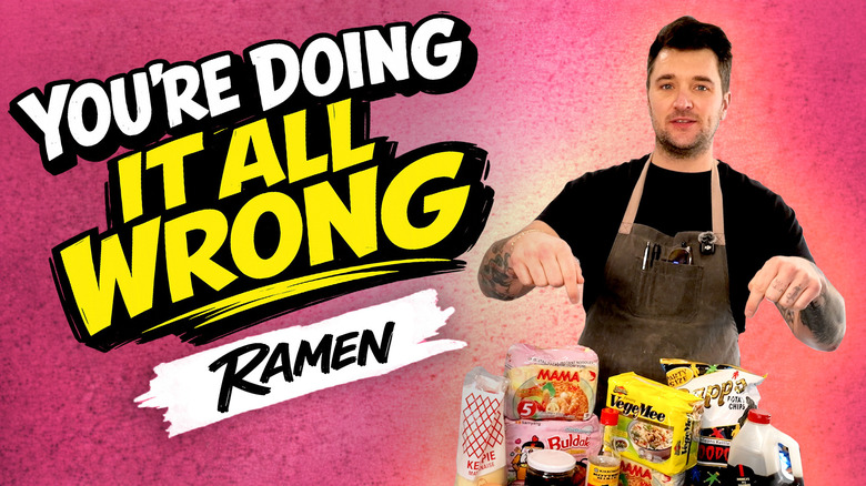 Chowhound Chef Josh with ramen packages, ingredients, and 