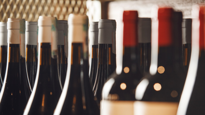 Close-up on the tops of varied wine bottles