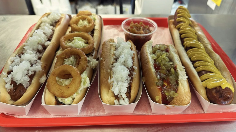 Coney Island Drive-Inn hot dogs on a red tray