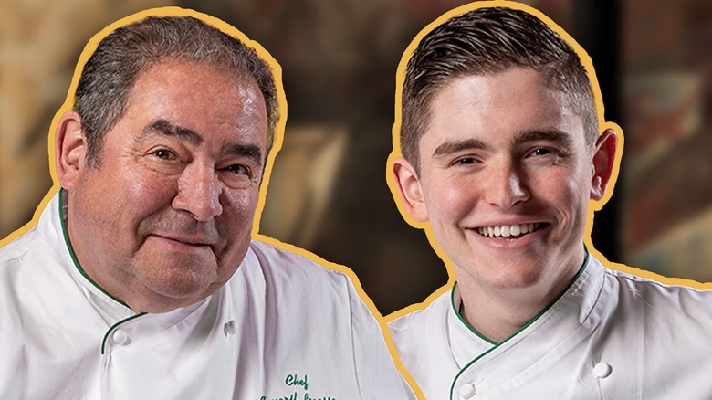 Emeril and EJ Lagasse sitting and posing together