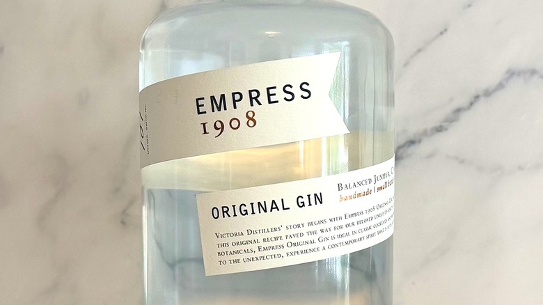 Close-up of the label on a bottle of Empress 1908 Original Gin