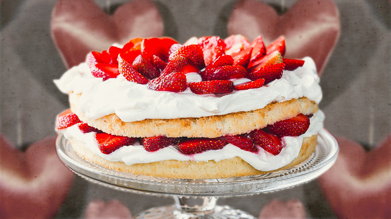 strawberries and cake on serving dish