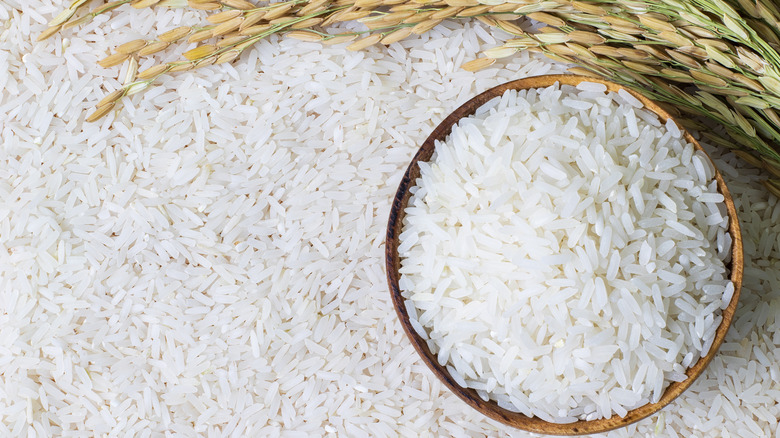Bowl of white rice with rice plant