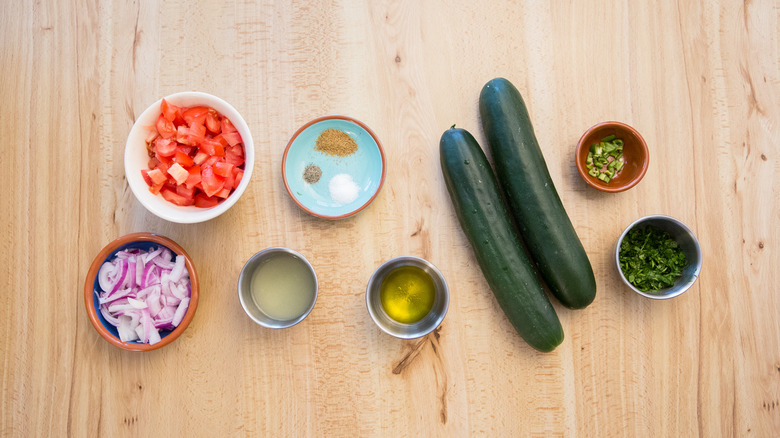 cucumber salad ingredients on table