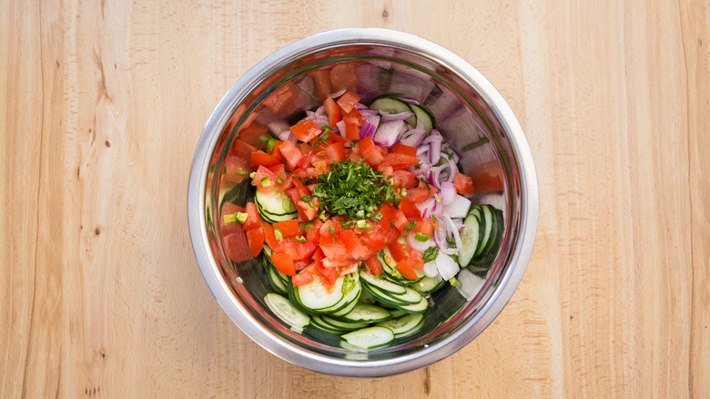 fresh vegetables in mixing bowl