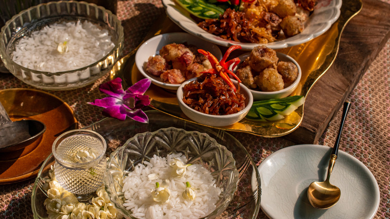 Various Thai dishes on a table