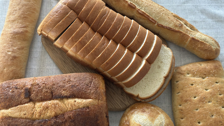 Overhead image of multiple types of Panera Bread loaves on a table