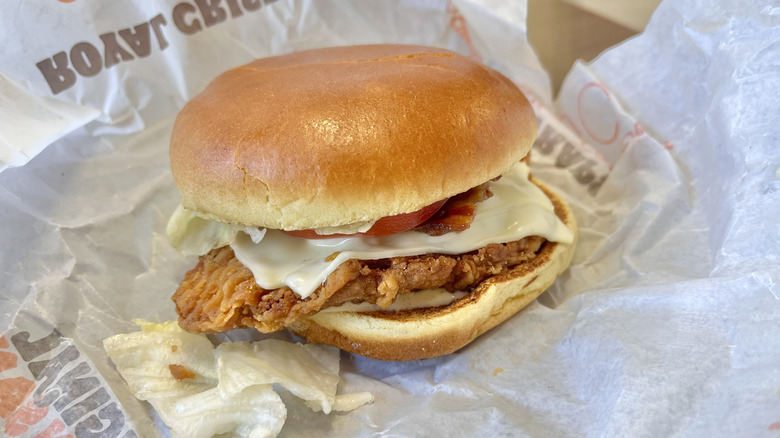 Bacon Swiss Royal Crispy Chicken on a wrapper