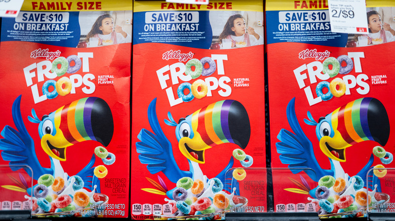 Froot Loops cereal boxes on store shelves