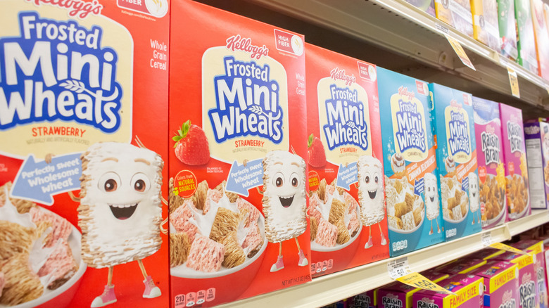 Frosted Mini Wheats cereal boxes on store shelves