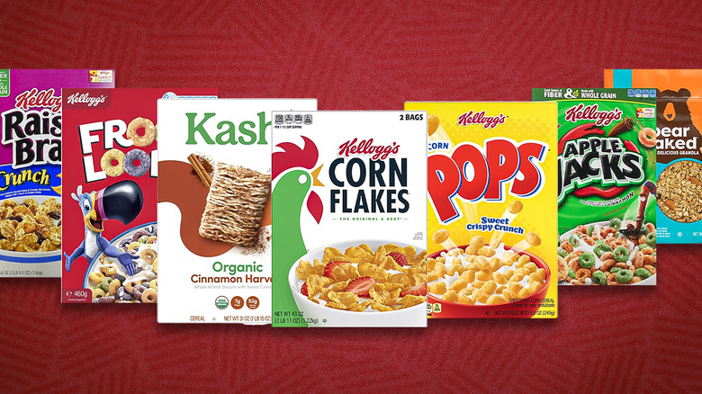 Various boxes of Kellogg's cereals on red textured background