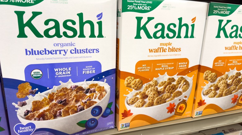 Kashi cereal boxes on store shelves
