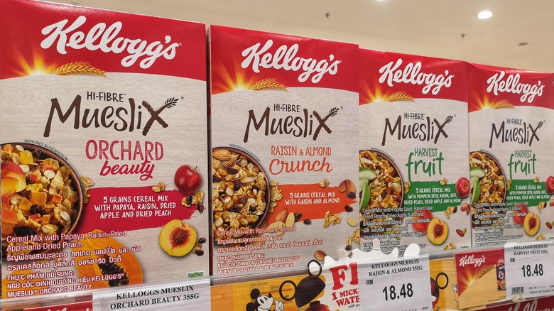 Mueslix cereal boxes on store shelves