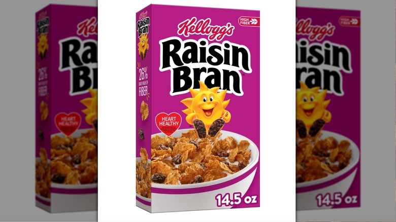 Raisin Bran cereal box on white background