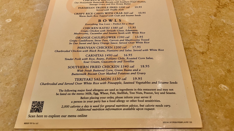 Menu showing the bowl options at the Cheesecake Factory