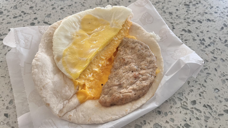 Sausage, egg, and cheese on the counter