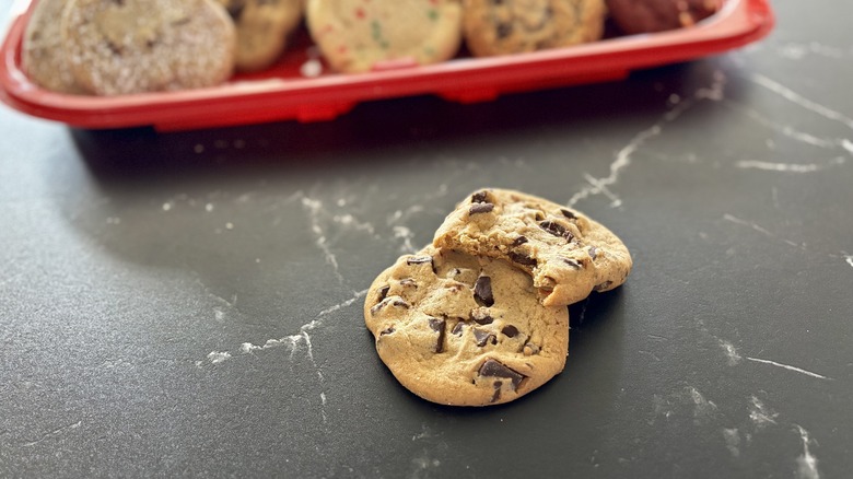 Costco chocolate chip cookies in front of cookie tray
