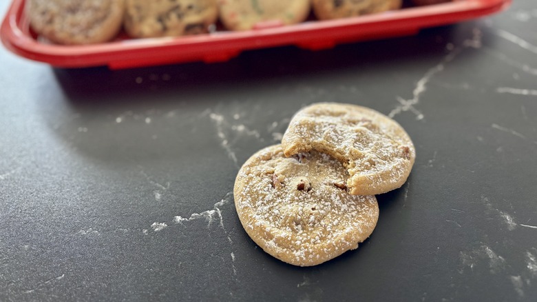 Costco butter pecan cookies with cookie tray in background