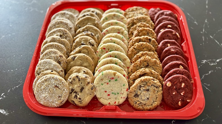 Costco cookie tray with various flavors of cookies in rows