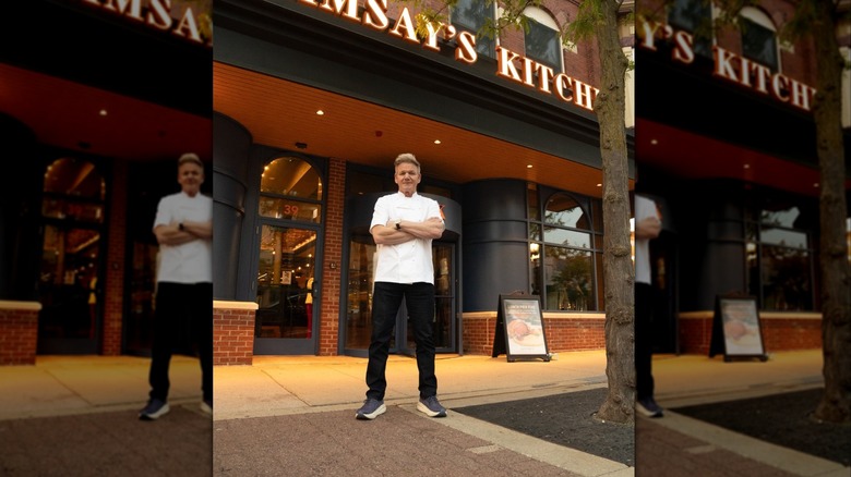 Mirrored image of Gordon Ramsay outside Ramsay's Kitchen